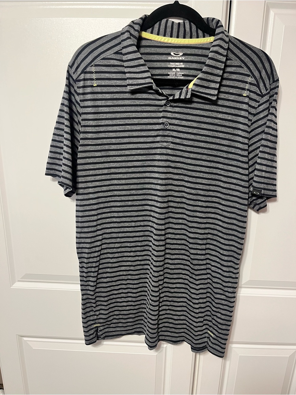 Oakley Men’s Gray & Black Striped Polo with Yellow Trim